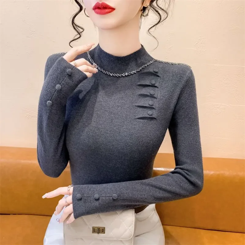 

Вязаный базовый свитер на осень и зиму, новый стиль, облегающий вязаный свитер для ногтей, темпераментный топ с полувысоким воротником для похудения
