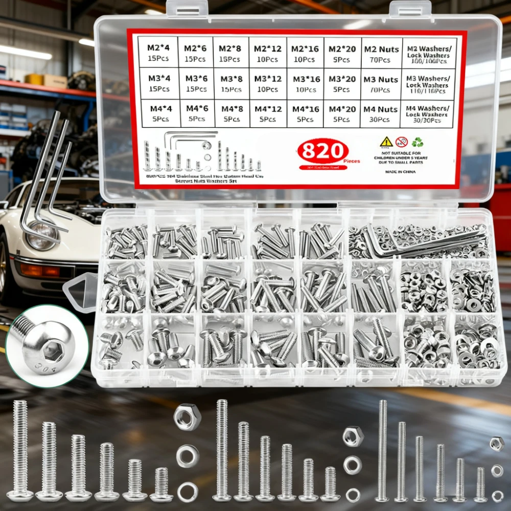 

Набор инструментов для ремонта автомобилей, 820 шт. винты с шестигранной головкой и круглой головкой ISO7380, в штучной упаковке, классификация метрических болтов M2 M3 M4, гаек