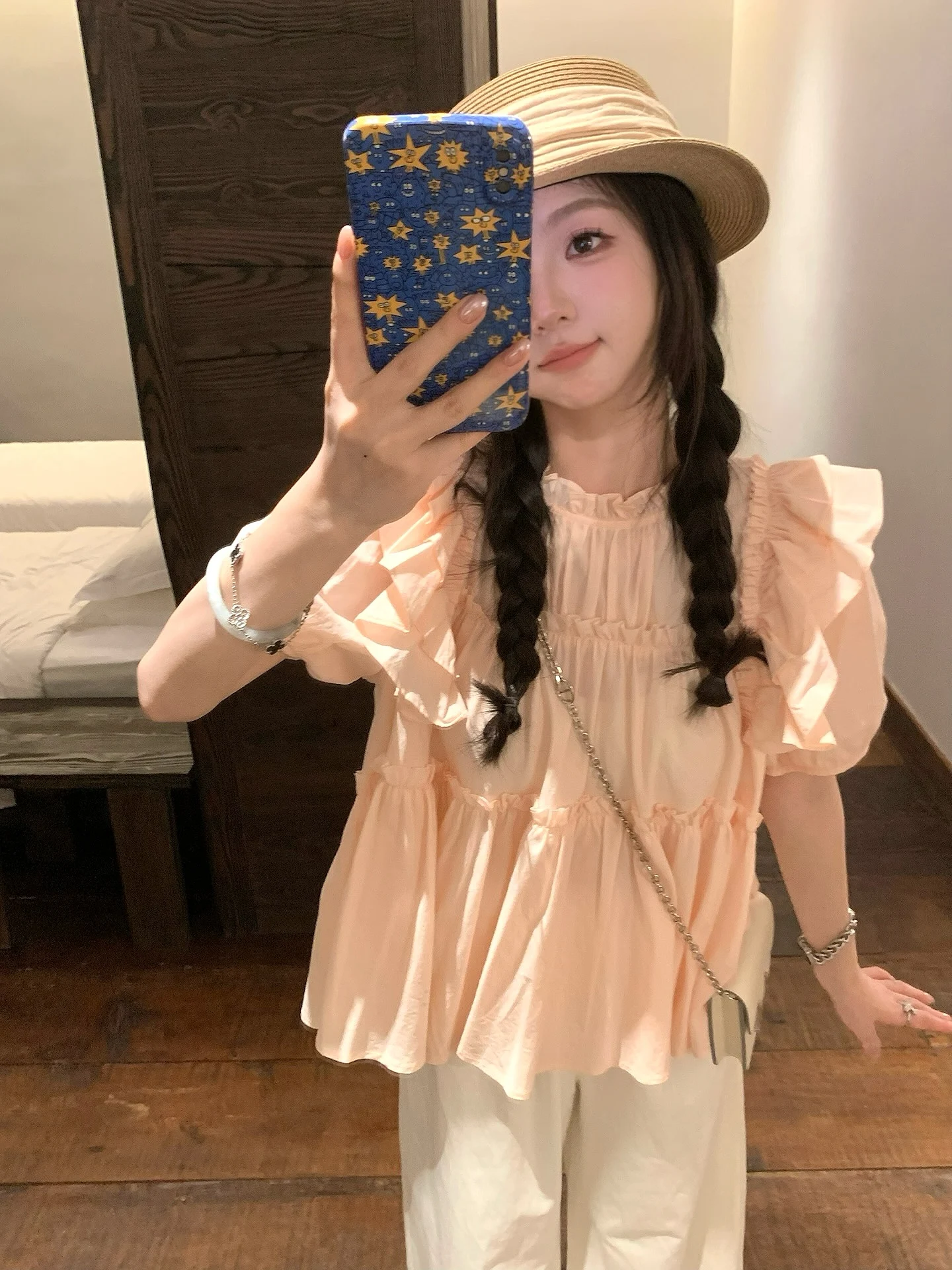 

Pink Bubble Sve irt Women's Summer Top Ele Sweet Sle round Ne Cotton Casual Loose Fit ort Sve irt