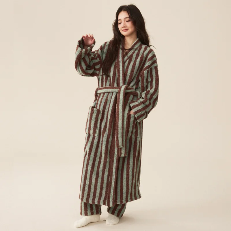 Winter Bathrobe Women Coral Velvet Thicken Warm Robes Home Clothes Thermal Nightwear Stripe Print Robe Sleepwear Pajamas