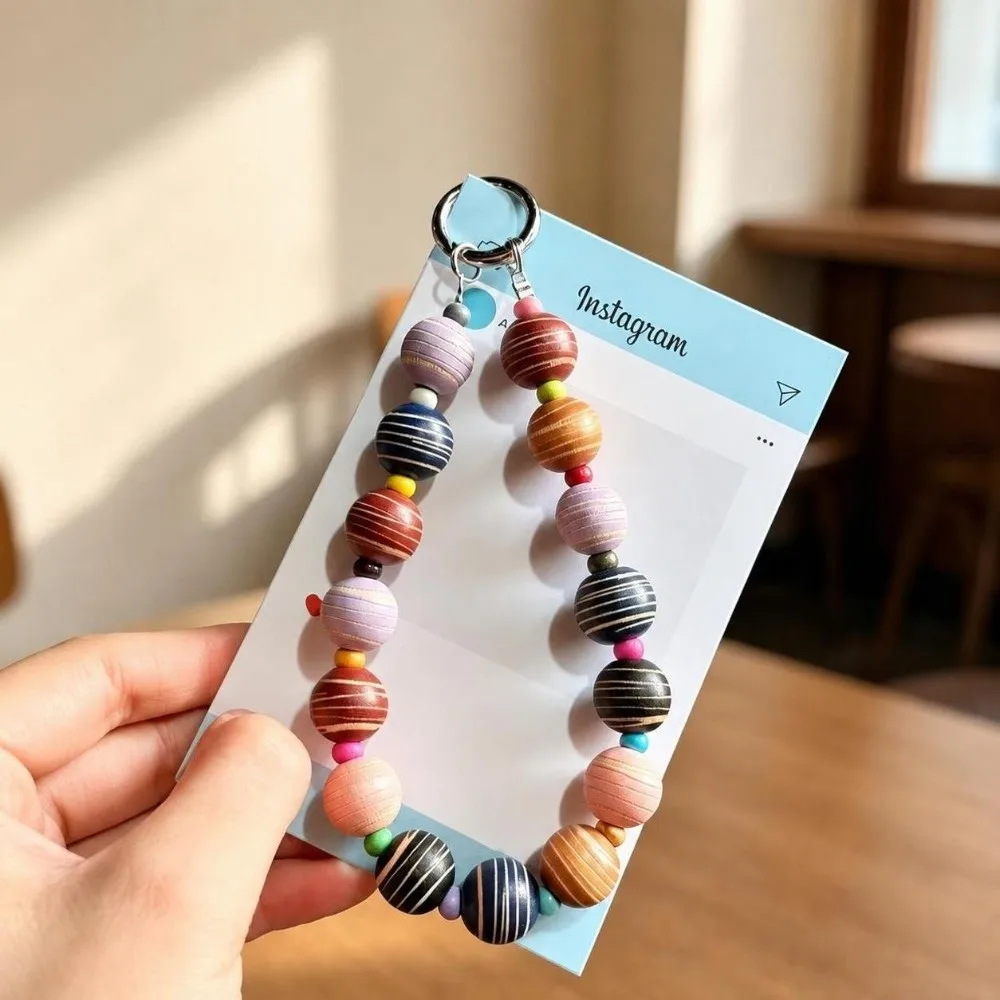 Stylish Glitter Mobile Phone Lanyard Detachable Striped Bead Wrist Chain Handmade Colorful Bead Keychain for Women Girls