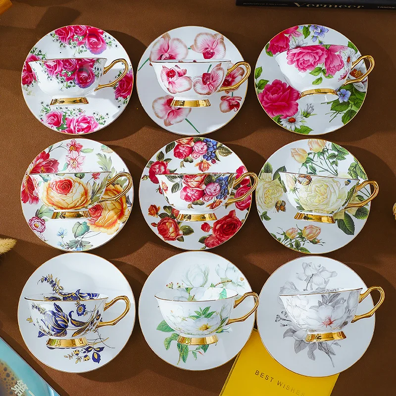 European Pastoral Style Ceramic Coffee Cup and Saucer set Flower Print Bone china Household Afternoon Tea Set Gift Box