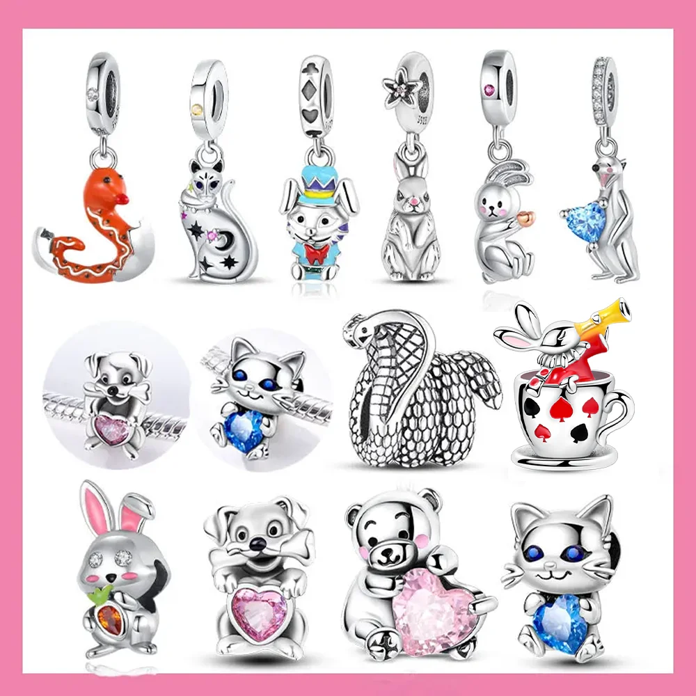 925 Sterling Silver Cute Magic Hat Rabbit Holding Heart and Red Snake Charm Beads Fit Original Bracelet for DIY Making Jewelry