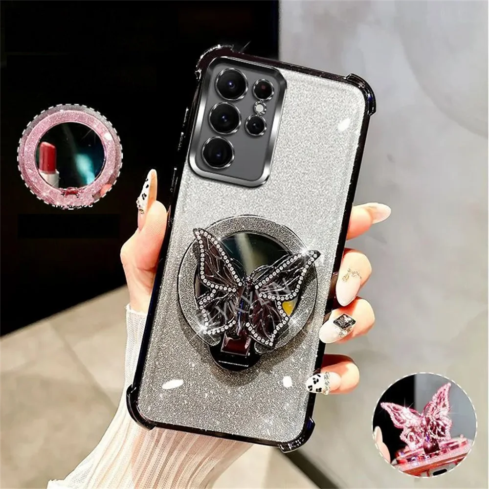 Luxury Plating Butterfly Stand Mirror Phone Case For Samsung S25 S24 S23 S22 Note 20 Ultra Soft Silicone Shockproof Cover