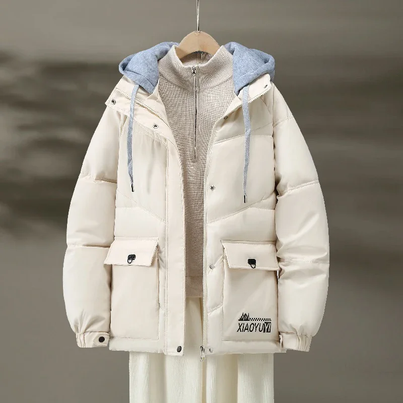Detachable Contrast Hood Puffer Jacket Women Large Flap Pocket Letter Print Zip‑Up Thick Warm Loose‑Fit Winter Outerwea