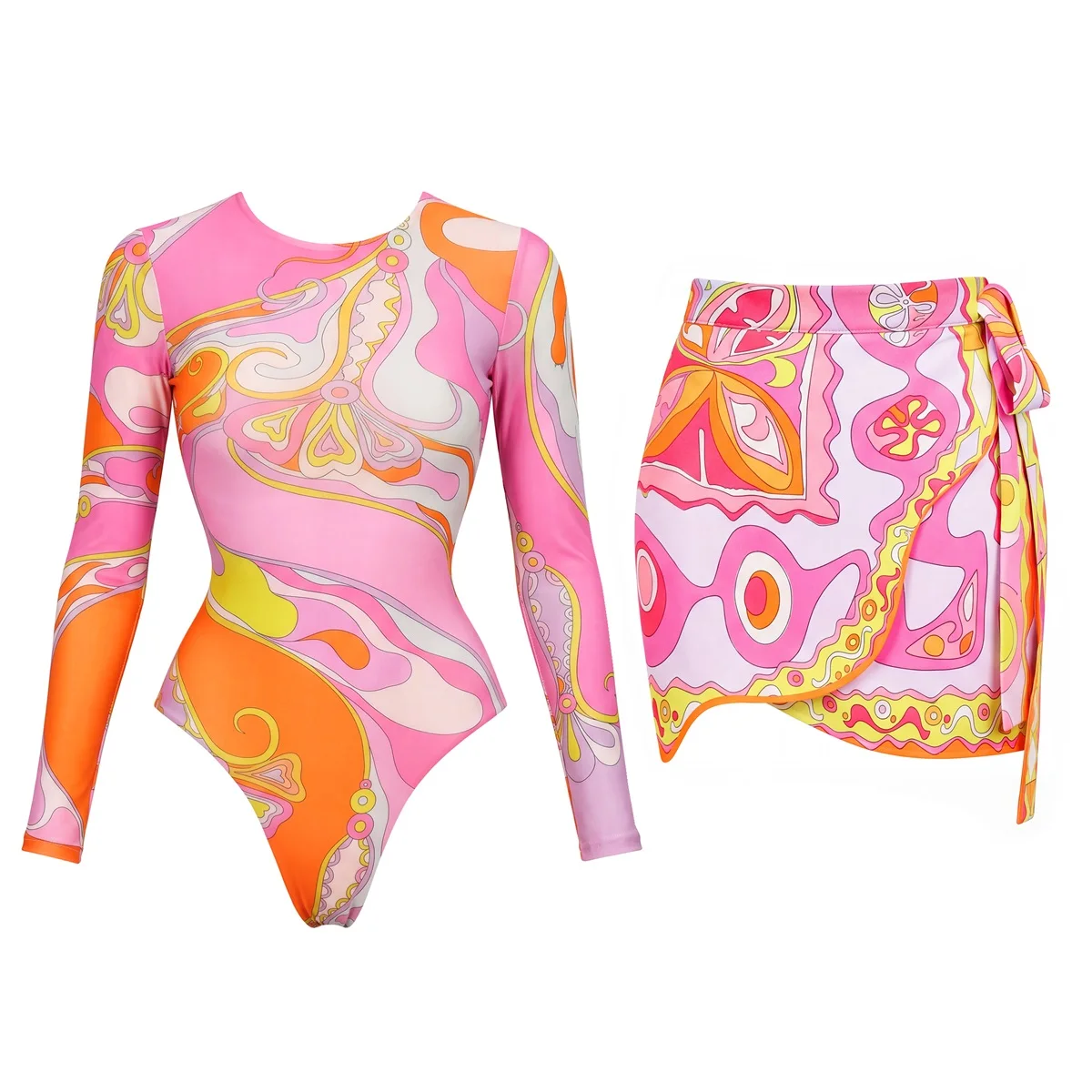 Retro Print 2Pcs Women Sexy Swimsuit Female Push Up Swimwear Long Sleeve Swim Suit Female  Bandeau Biquini Beachwear Bathingsuit