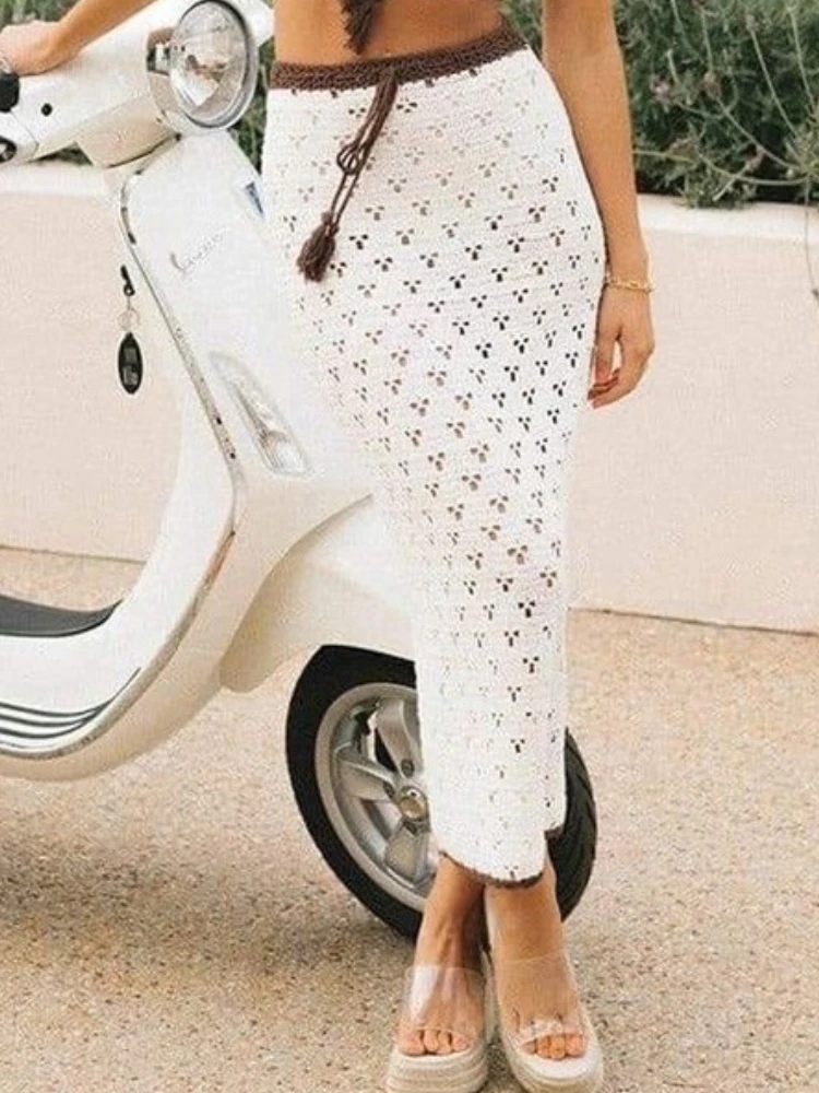 2025 New in Spring Summer Collection Fashion Beach Sleeveless V-neck Halter Top Long Dress Knitted Sexy Cut-out Tie Dress Sets