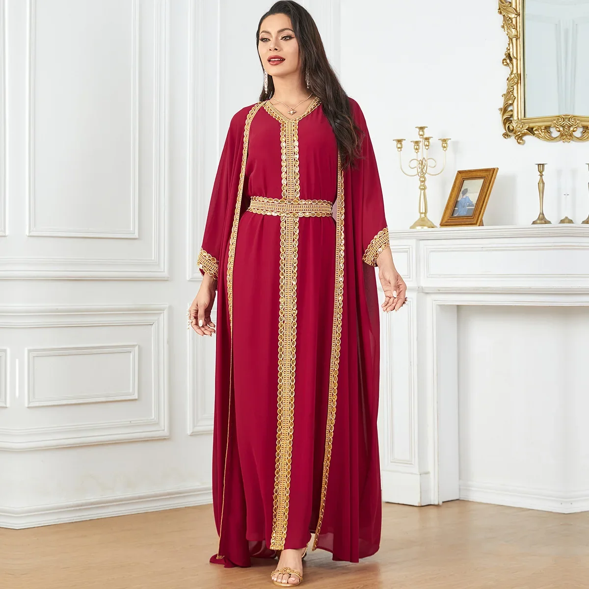 

Marocain Muslim Dress Women Chiffon Maxi Dresses for Women Solid V-neck Abayas Dubai Arabia Kaftan Caftan Islamic Clothing Robe