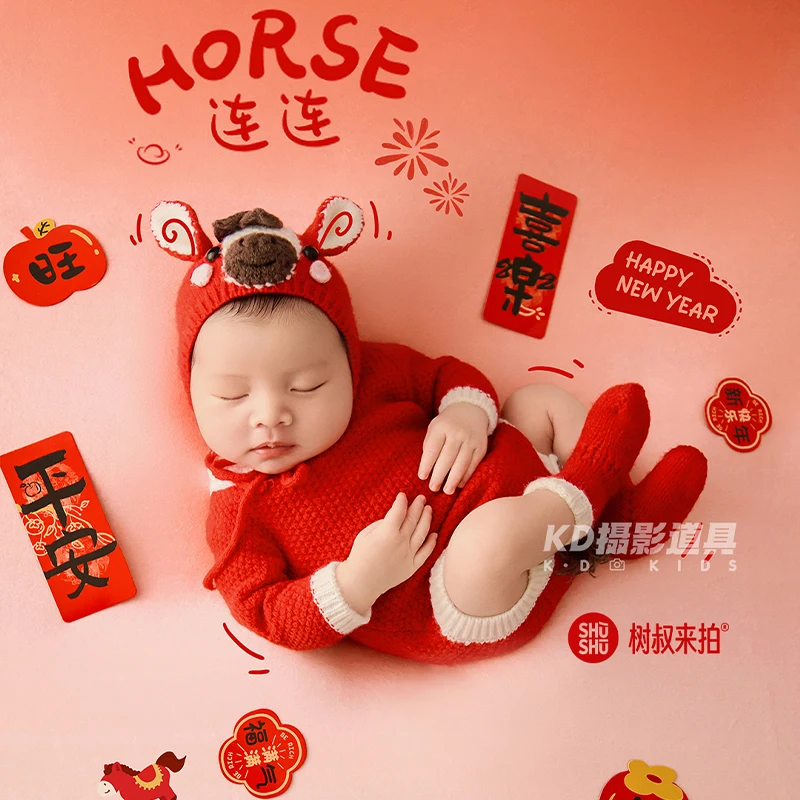 Perlengkapan Fotografi Bayi Tema Kuda Poni Lucu, Jumpsuit Bayi Bentuk Kuda dengan Topi Senada 2026, Boneka Kuda Plush Lembut untuk Pemotretan