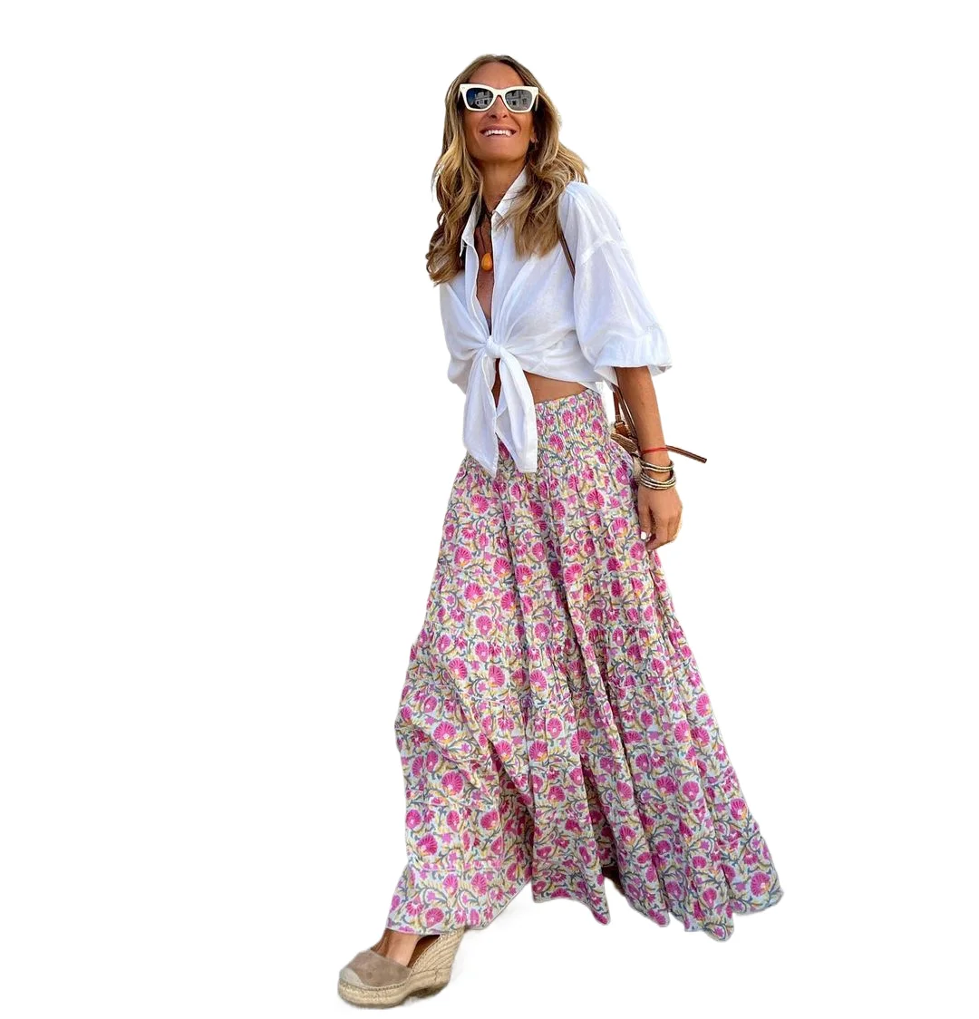 

Fashion Skirts for Women Flower Printing Long Skirt Elastic Waist Elegant Clothing Casual Loose