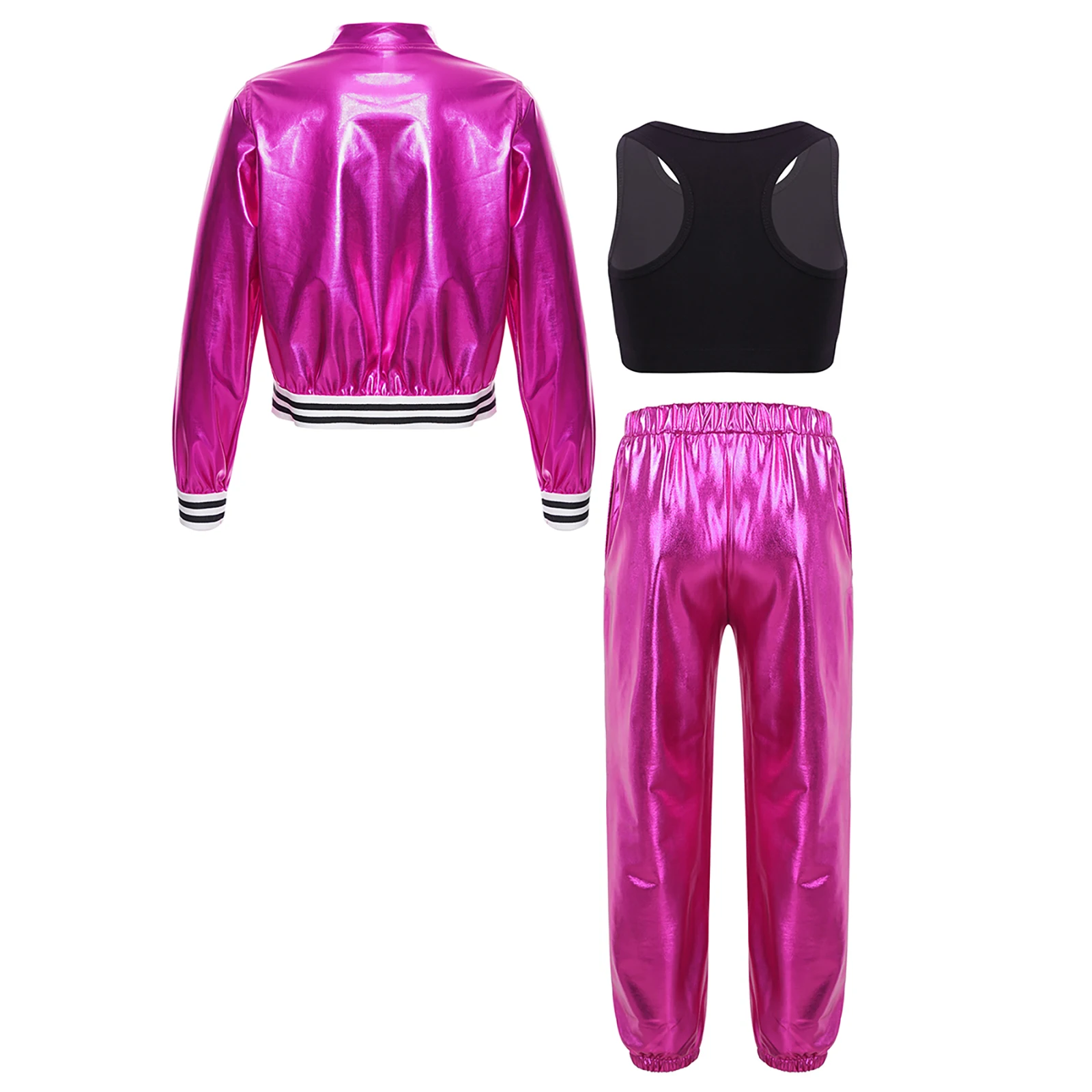 Kids Girls Jazz Dance Outfit Sleeveless Racer Back Letter Printed Crop Top with Metallic Pants Long Sleeve Jacket Dancewear Set