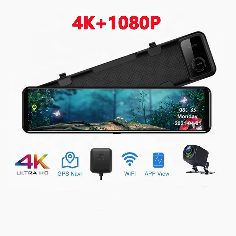 4K+1080P 12 Inch Rearview Mirror Car Dvr Dash Cam car dash camera front and rear 4K with WIFI GPS dual lens auto electronics