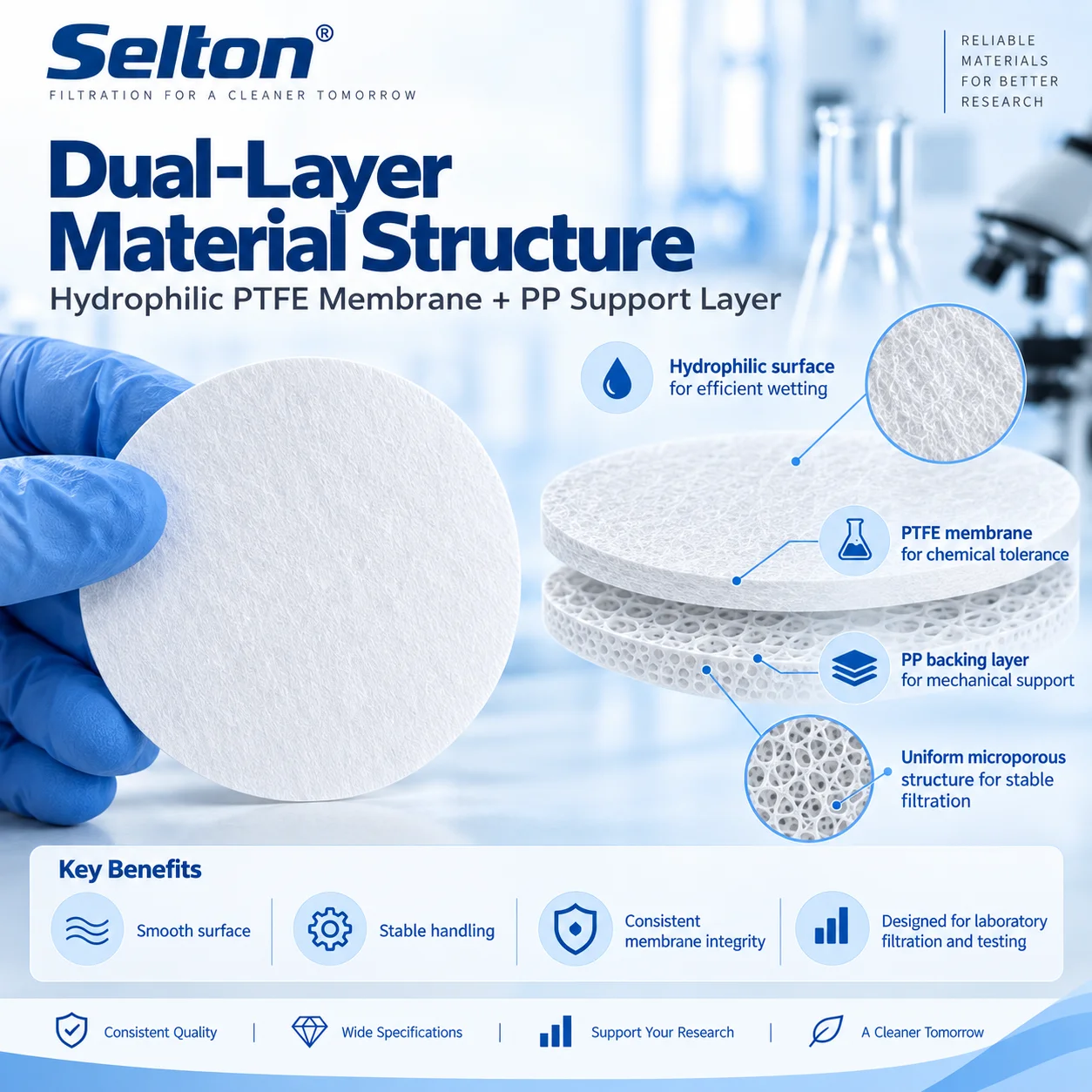 Selton Hydrophilic PTFE Microporous Membrane Filter Disc PP Supported Chemical Resistant Lab Filter 0.1-10μm