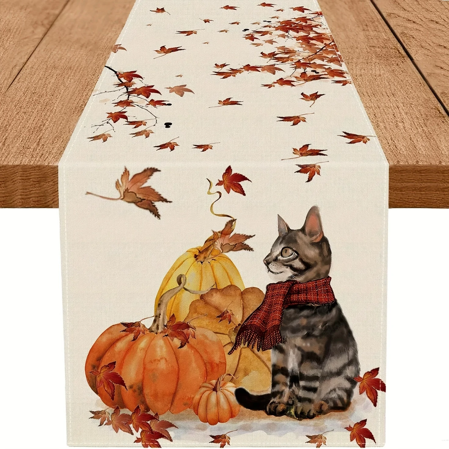 1pc, AutumnThemed Table Runner Featuring Pumpkins, A Cat, And Maple Leaves, Perfect For Seasonal Thanksgiving Decorations In You