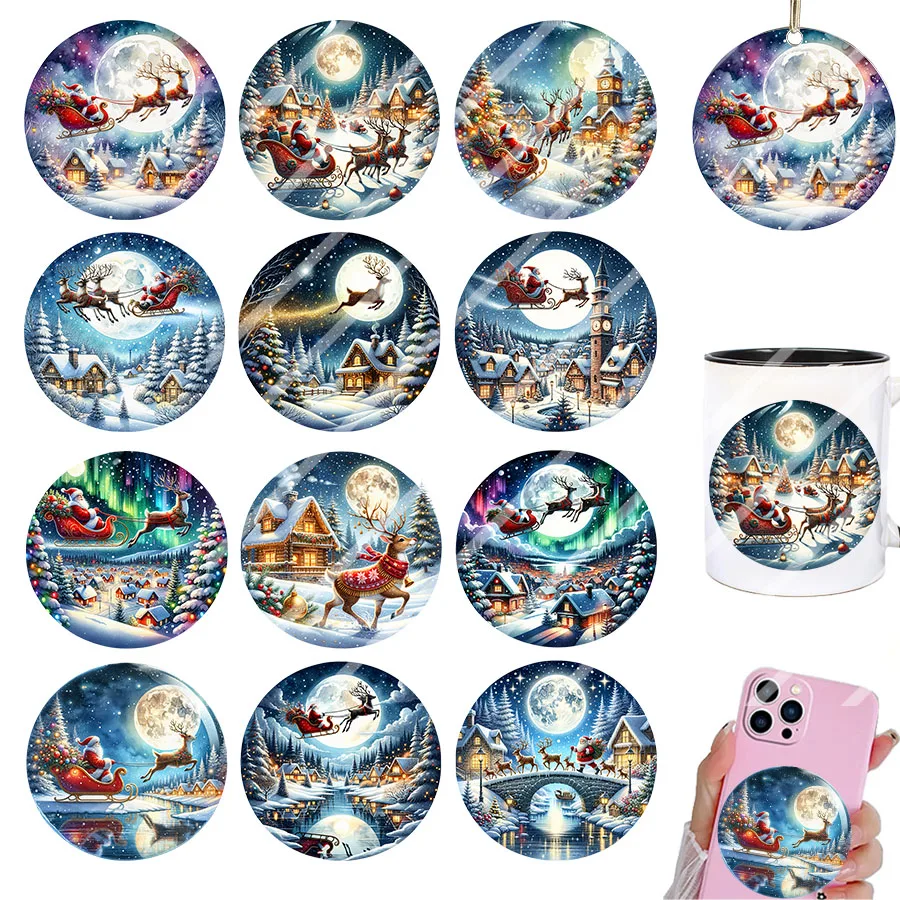 2 stücke Runde Weihnachten Nacht Santa Claus Baum Ornament DIY UV DTF Rub On Transfer Aufkleber Glas Tasse Wrap Winter Weihnachten wohnkultur