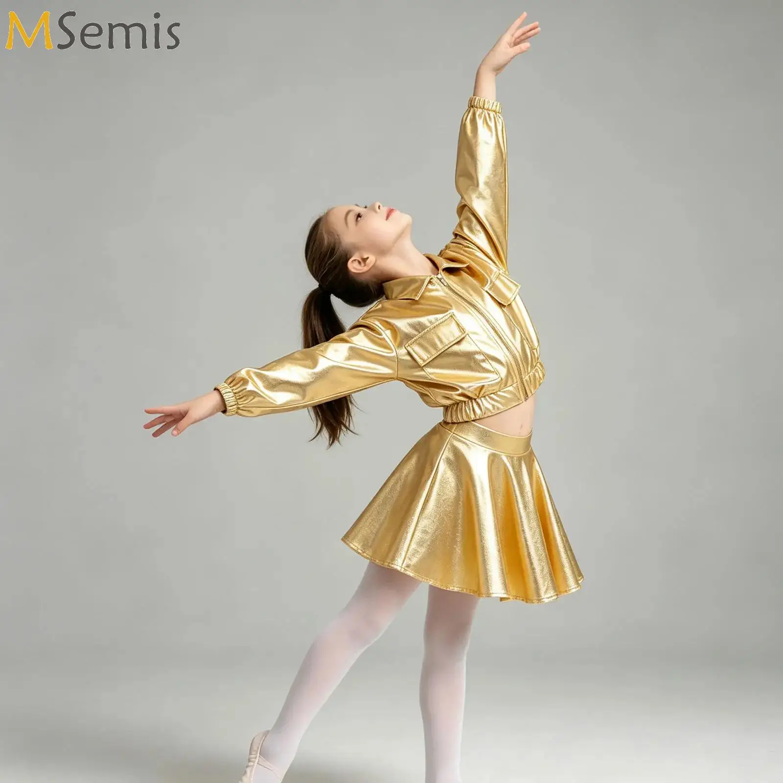 Girls Metallic Jazz Dance Costume Shiny Jacket Long Sleeve Outwear with Pleated A-Line Skirt Outfits for Jazz Stage Performance