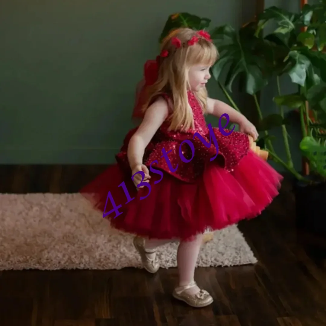CustomizedRed Flower Girl Dresses For Wedding Sequins Fluffy With Bow Little Girl Cute Birthday Party First Communion Ball Gown