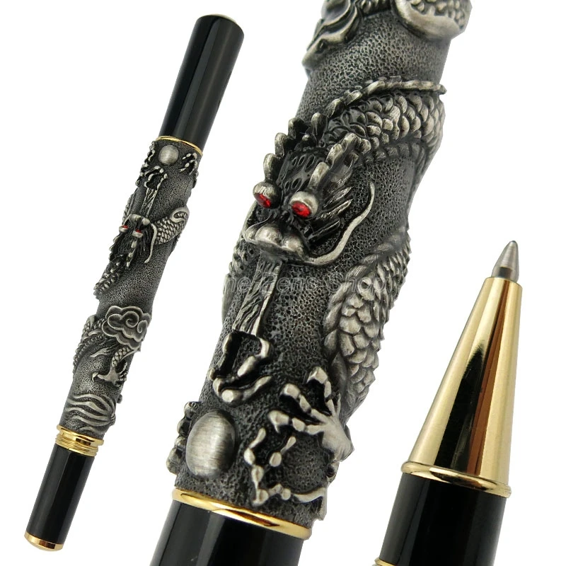 

Jinhao Ancient Gray Oriental Dragon Carving Embossing Roller Ball Pen Golden Trim Professional Office Stationery Writing