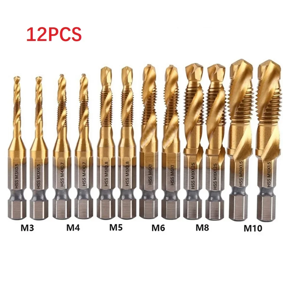 

12Pcs Compound Metric Tap Drill Bits Screw Thread Hex Shank Machine Titanium HSS Tap Bit Tool For Metal Steels Woods Plastic