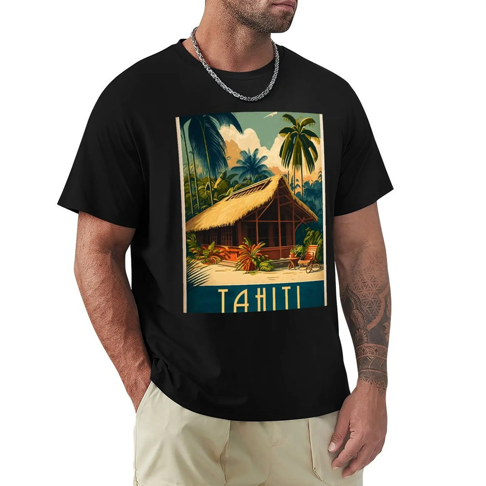 

Tahiti French Polynesia Vintage Travel Art Poster T-Shirt Art Pattern Printed Casual Top