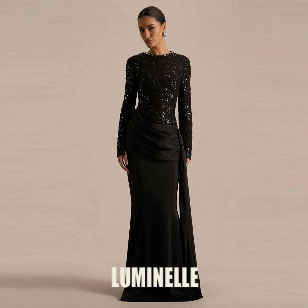 

Атласные вечерние платья с кружевом и пайетками для торжественных мероприятий, черное выпускное платье с длинным рукавом и круглым вырезом, роскошные вечерние платья 2026 года на заказ