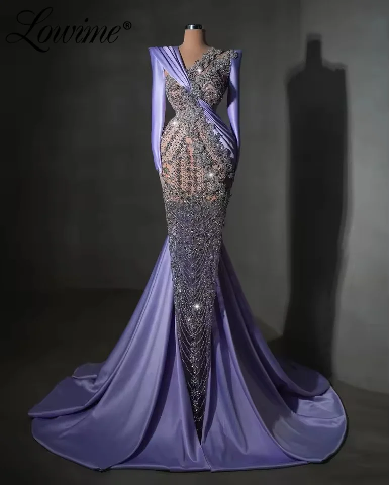 

Фиолетовое вечернее платье с длинными рукавами, платье-русалка для выпускного вечера, с кристаллами и съемной накидкой, для свадебных мероприятий, для гостей, на заказ