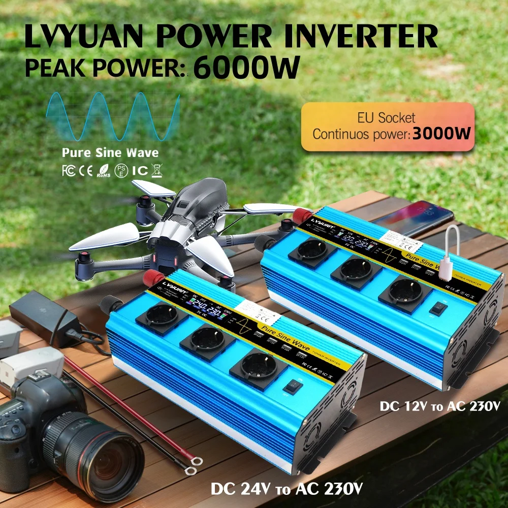 6000W Power Inverter Pure Sine Wave DC12V AC220V Remote Control Solar Power System Inversor