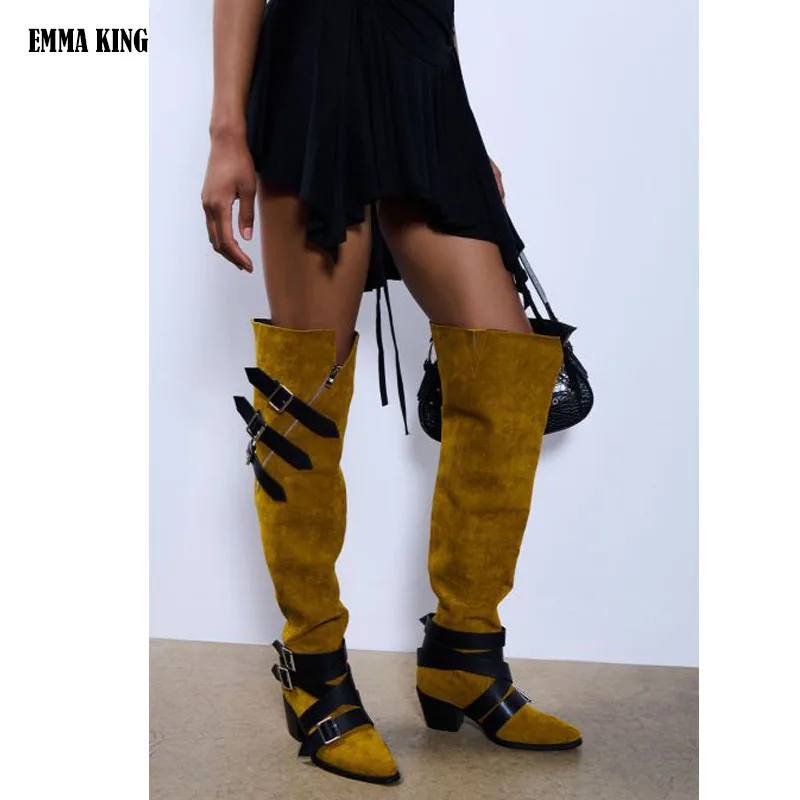 2024 Women's Fashion Belt Buckle Decoration Thick High Heels Boots Front Strap Knee Boots Side Zipper Boots 44