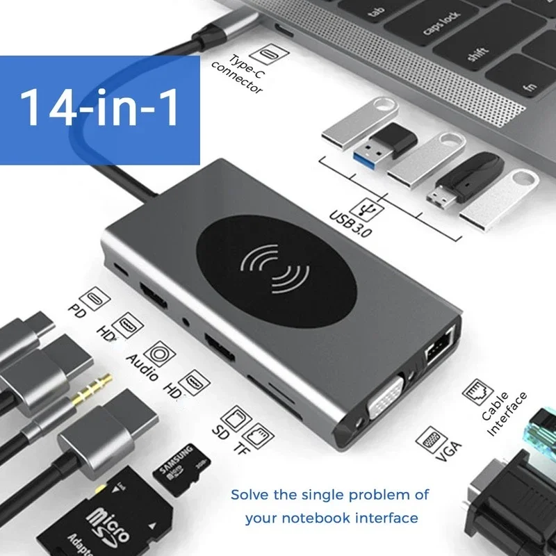 

Type C USB Hub Docking Station HDMI-compatible for Macbook Wireless Charge SD Card Reader hub 14 In 1 USB-C Type-C SPlitter Hub