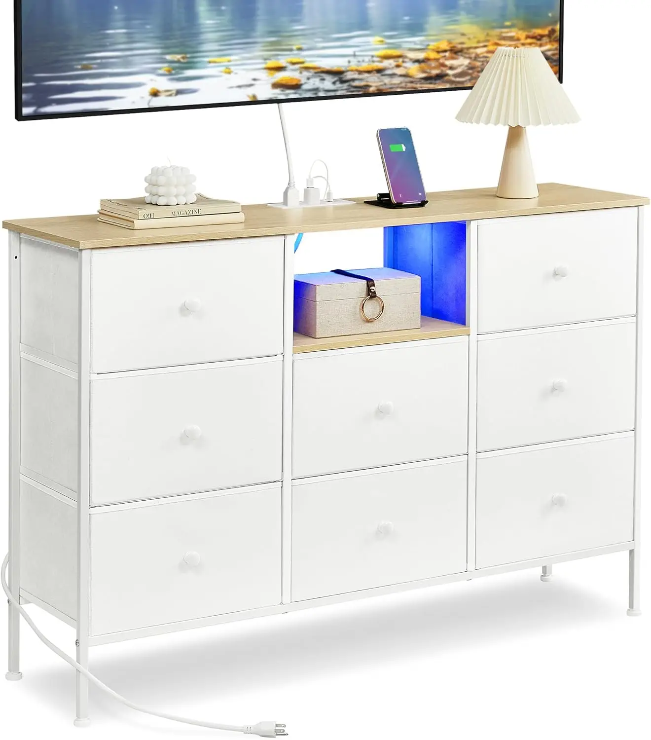 

Dresser with Power Outlets and LED Lights, Fabric Chest of Drawers, 25 Colors, 8 Drawers, TV Stand for up to 60 Inch TVs, White