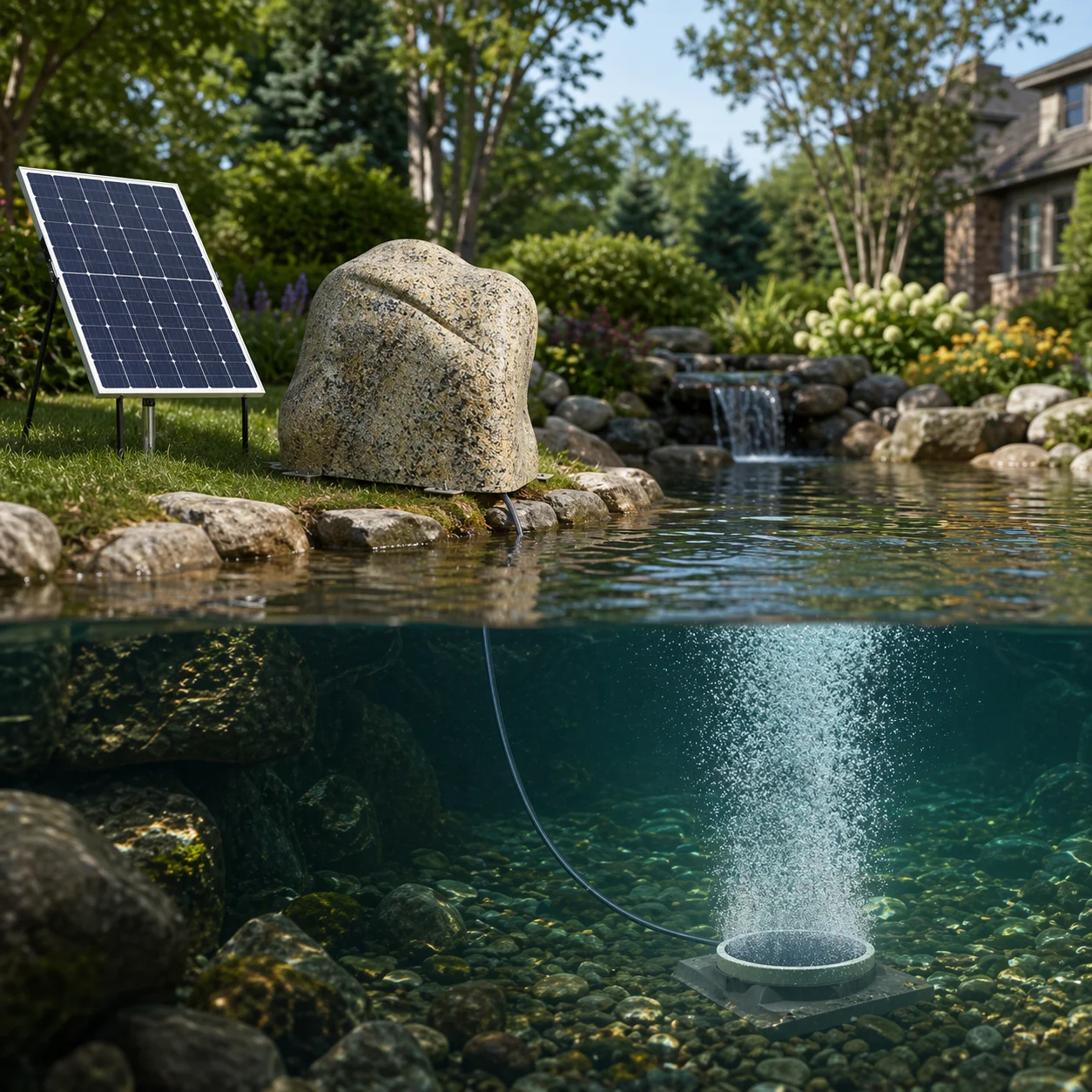 170LPM Faux Rock Pond Aerator MPPT Smart Control Solar AC Dual Power Aeration System For 3 Acres Fish Pond