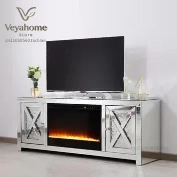 -China Supply Sparkly Crushed Diamond Silver 2 Drawer Mirrored Television Stand With Electric Led Fireplace