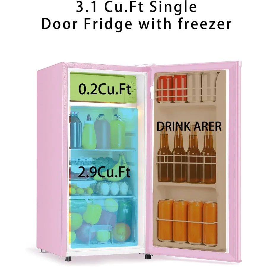 Compact Mini Fridge with Freezer for Dorm Office Bedroom 3.1 Cu.Ft Pink Single Door Refrigerator with LED Light Adjustable Ther