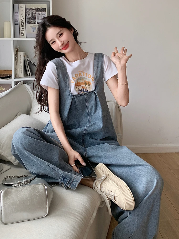 

Laid-ba Vintage Denim Overalls Women's Spring Summer New Korean Sle Loose Small Size One-piece Pants High Waist Long Pants