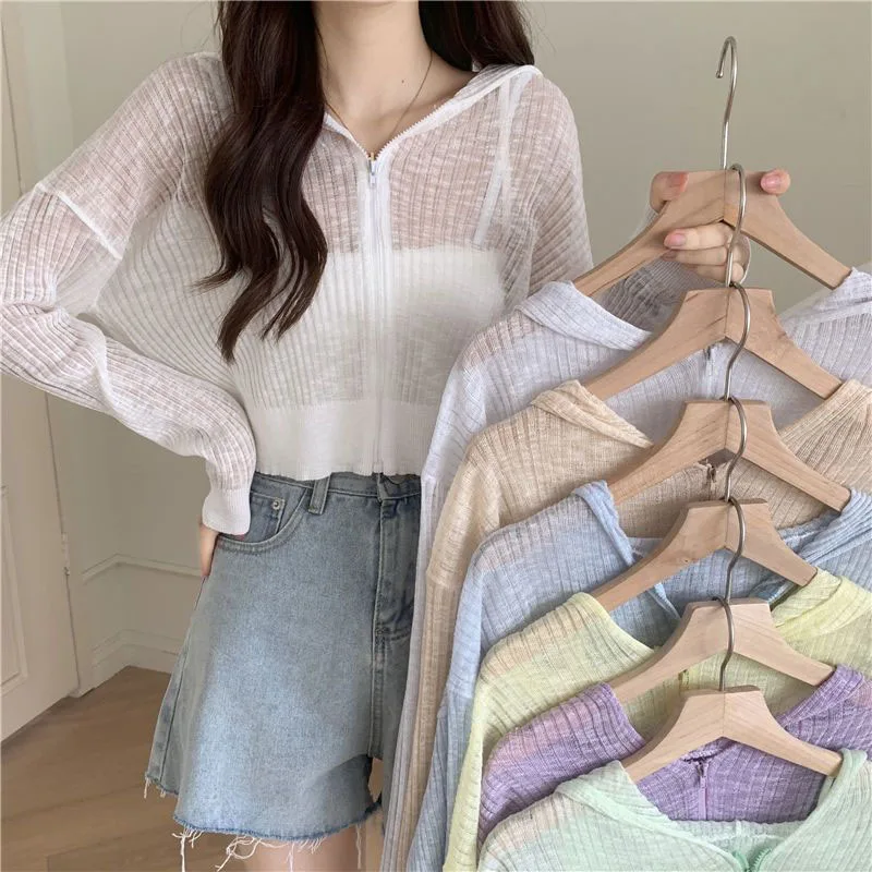 

Lucyever Candy-Color Sun Protection Knit Cardigan Women Summer Thin Transparent Zipper Hooded Shirts Woman Outerwear Crop Tops