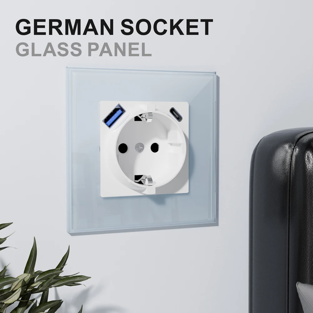 EU standard Germany Socket 86*86mm 250V 16A Tempering Glass Panel USB port Wall Socket Type-A and Type-C Fast charging PD 20W CE