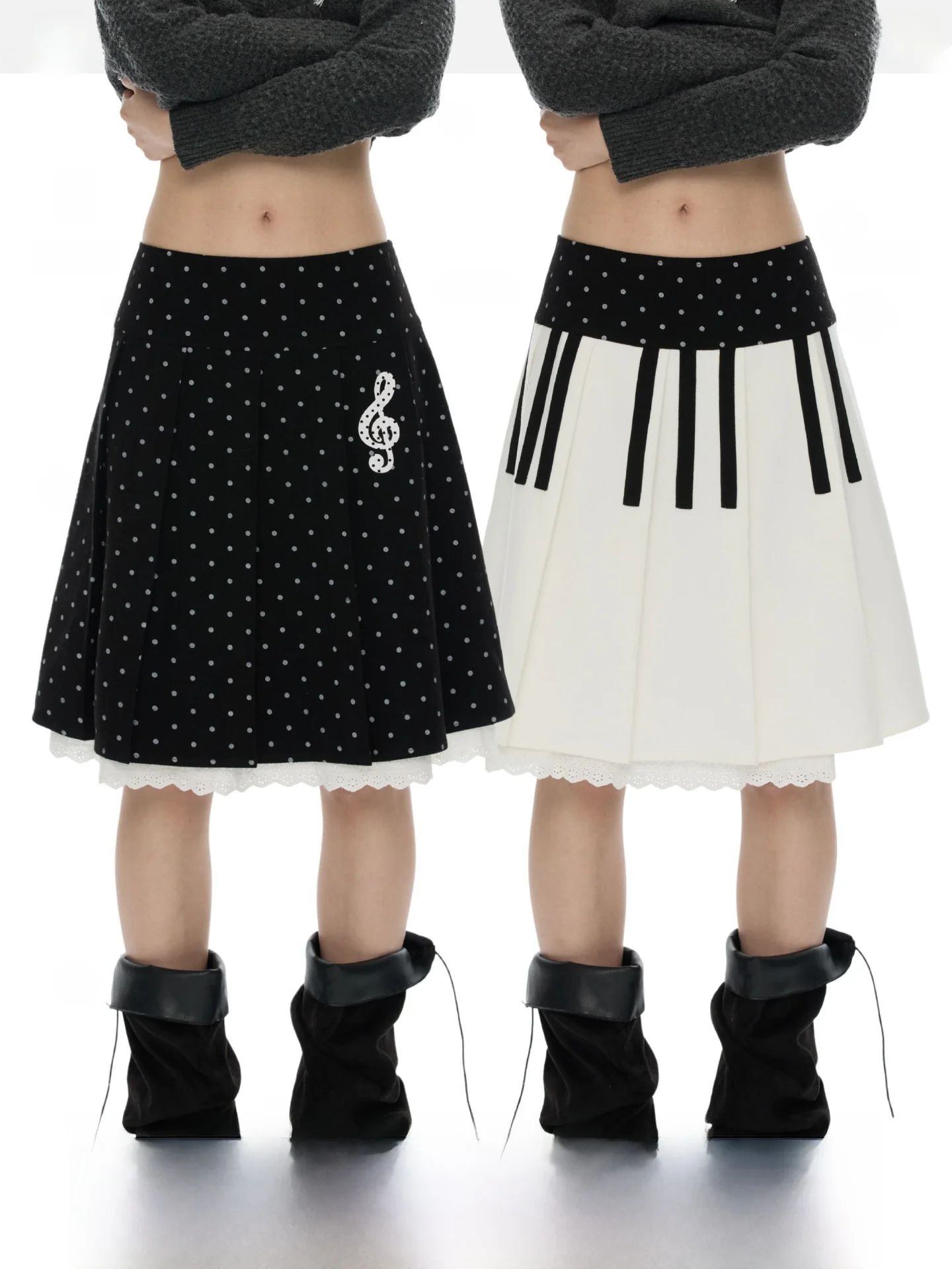 Benand Winter Piano Key Polka Dot Woolen  Skirt Women's Pleated Skirt Casual Style Midi Waist Polyester Blend Fabric