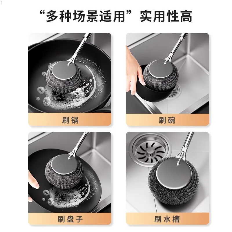 New Stainless Steel Pot Brush, Kitchen Specific Pot Washing Steel Wire Ball Brush, Long Handle Dishwashing and Cleaning Brush