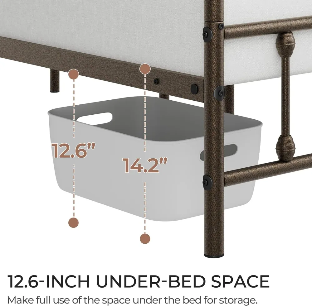 إطار سرير بمنصة معدنية على الطراز الفيكتوري مع لوح رأسي مرتفع، وحدة تخزين تحت السرير، لا حاجة إلى صندوق زنبركي، مقاس مزدوج برونزي