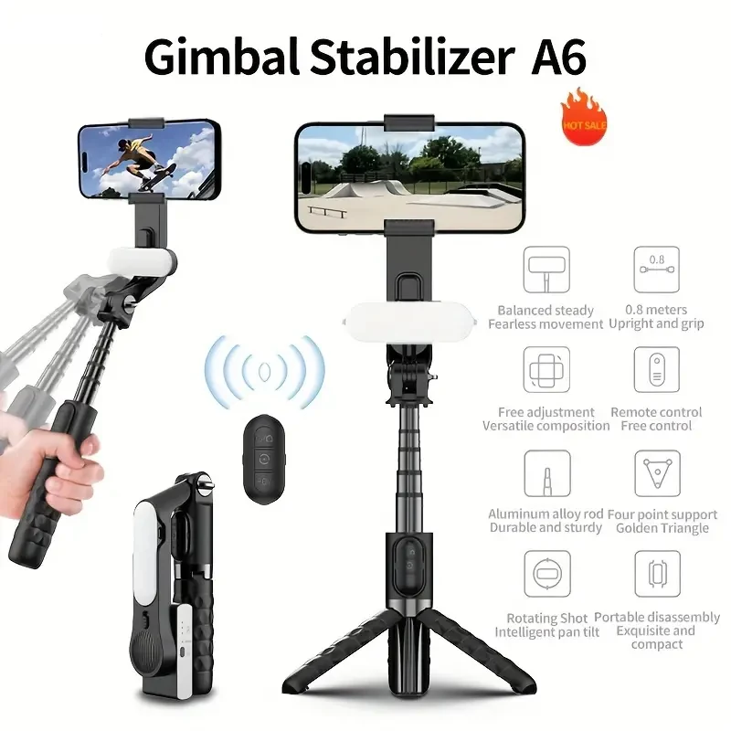 A4/A6 Smartphone Handheld Gimbal Stabilizer with Selfie Stick Tripod Wireless Remote Three Color Temperature Compensation Light