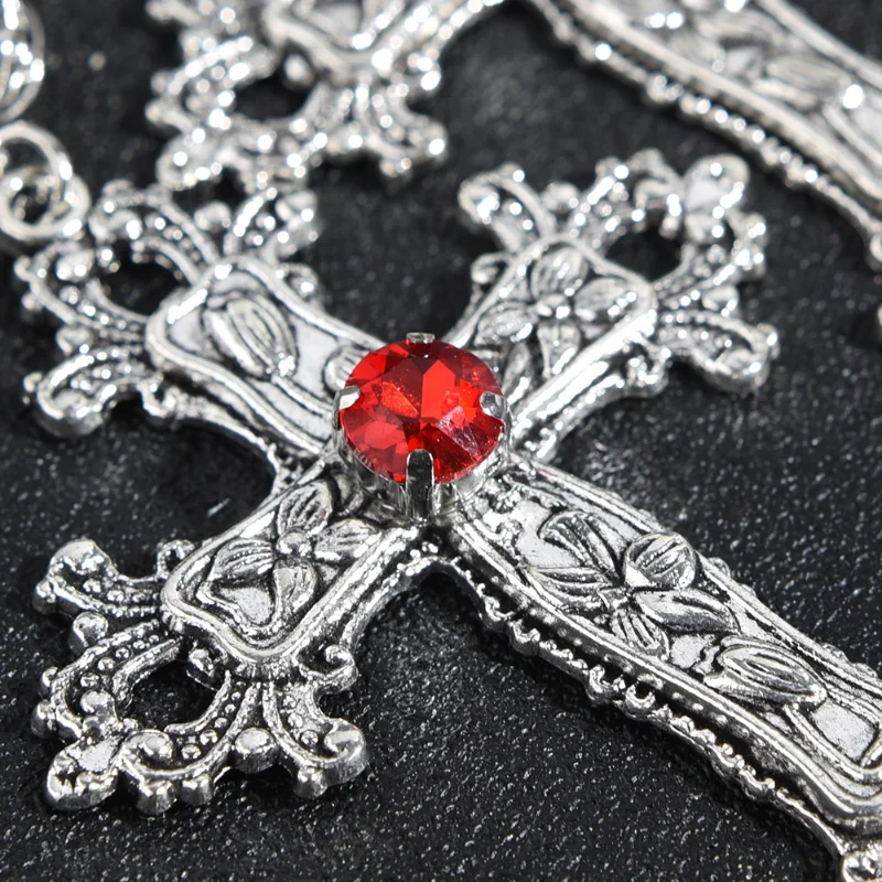 Y2K Vintage Baroque Christian Cross Necklace for Women Men Silver Color with Red Crystals Gothic Crucifix Easter Unisex Jewelry