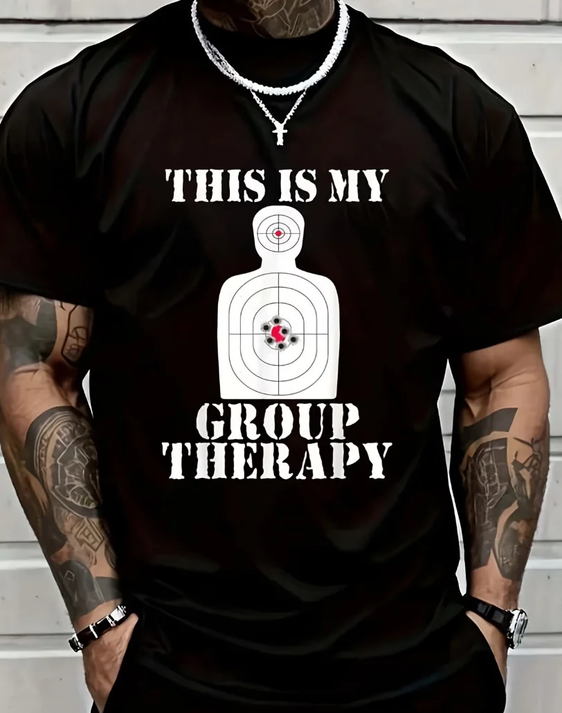 T-shirt humoristique « This Is My Group Therapy » pour le tir en stand de tir, pour femmes et hommes, noir, col rond, manches courtes, pour les vacances et les trajets quotidiens