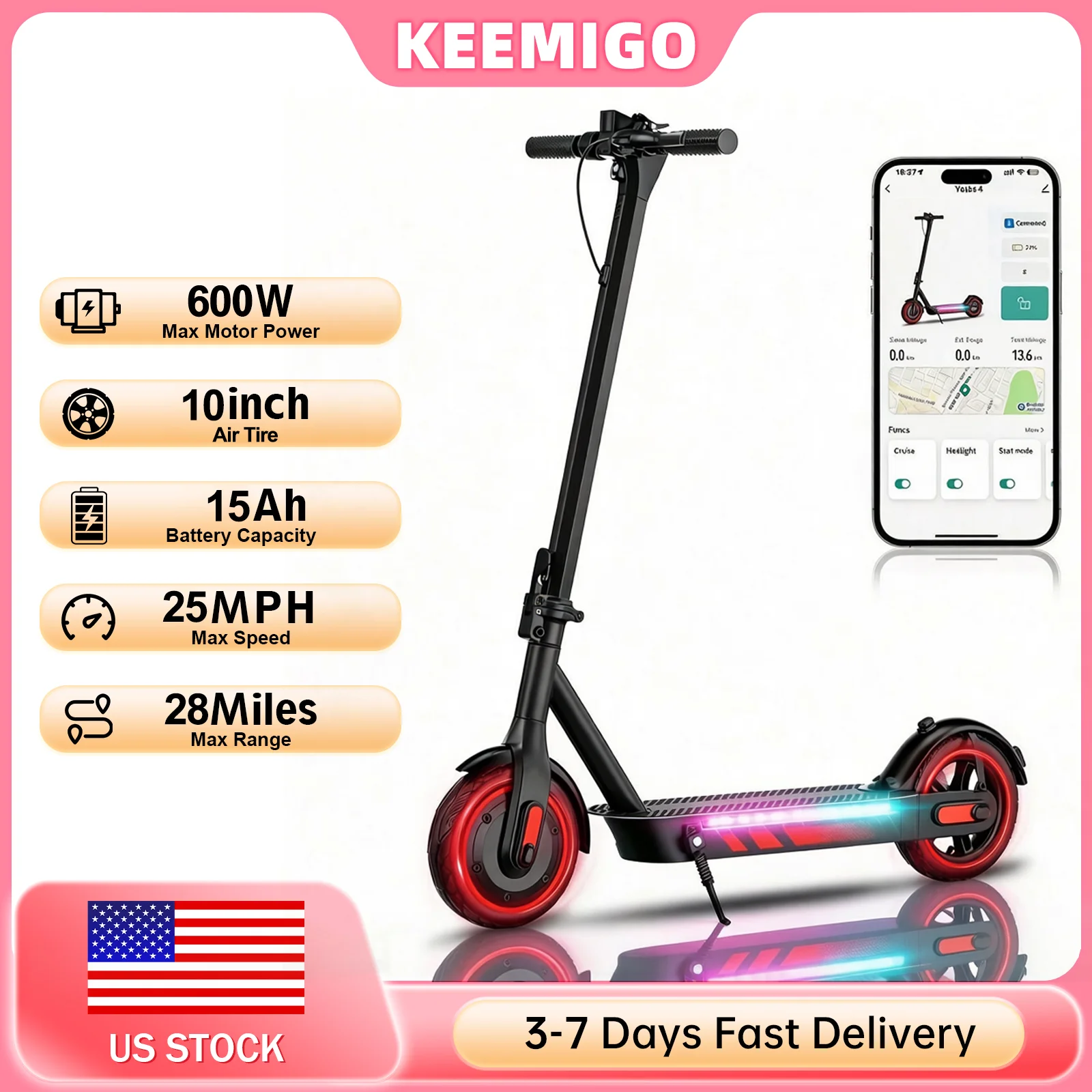 

Keemigo 600W Motor Electric Scooter For Adults 36V15AH Battery 10" Air Tires 25 MPH 28 Miles Range Folding With Dual Suspension