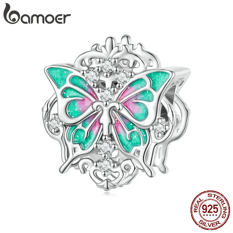 Bamoer 925 Sterling Silver Retro Pattern Enamel Baroque Butterfly Bead Charms for Women Bracelet Bangle DIY Fine Jewelry BSC690