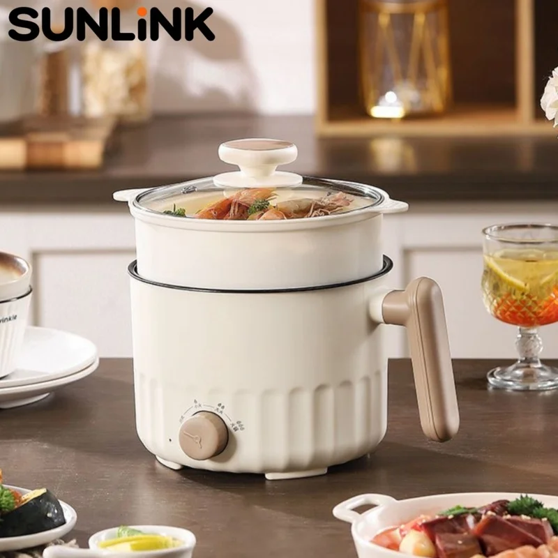 1pc 220V Mini Electric Cooker 2L Adjustable Power Non-Stick Electric Hot Pot Portable Cooking Pot for Dorm Home Soup Fry Steam