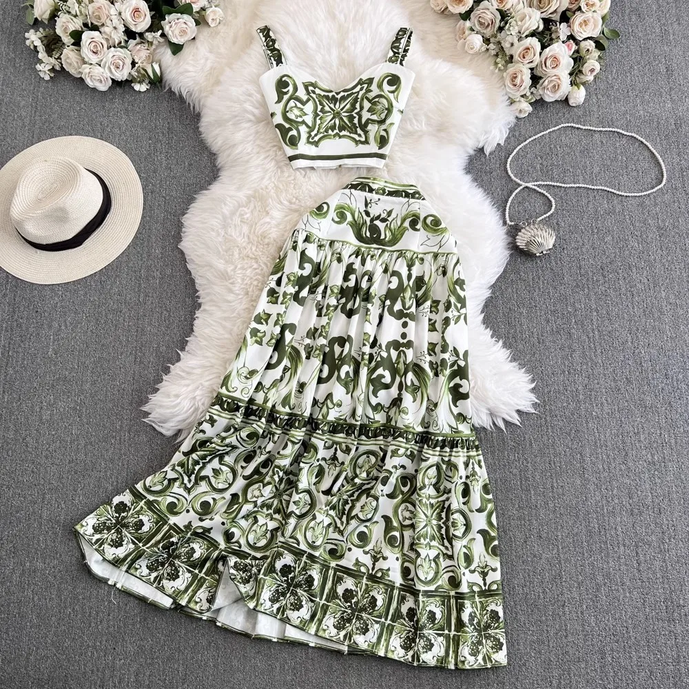 JAMERARY New Summer Holiday Floral Two Piece Women Dress Sets Printed Sexy Crop Tops Long Maxi Skirts Green Suits Beach Outfits