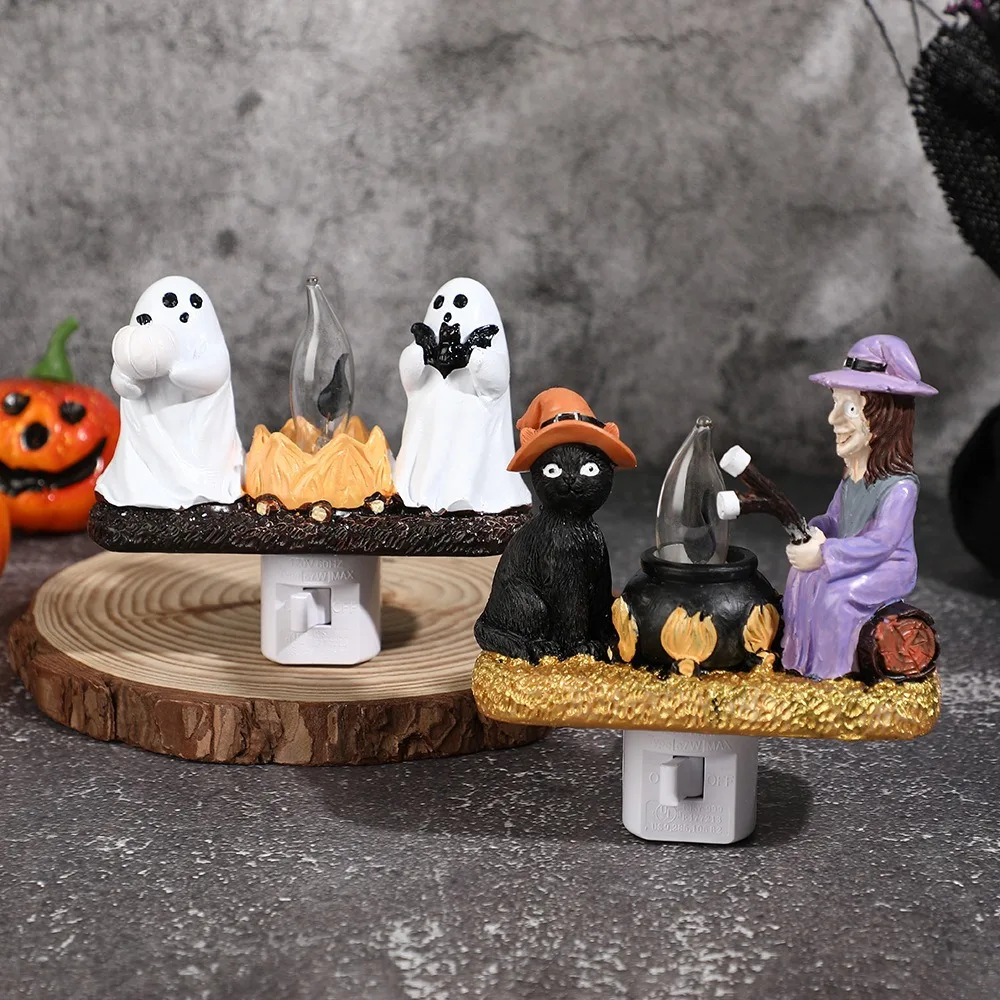 Halloween Resin Plug-in Night Light, Faux Flame Campfire Scene, Ghost Witch Black Cat Design, Wall Lamp with Switch