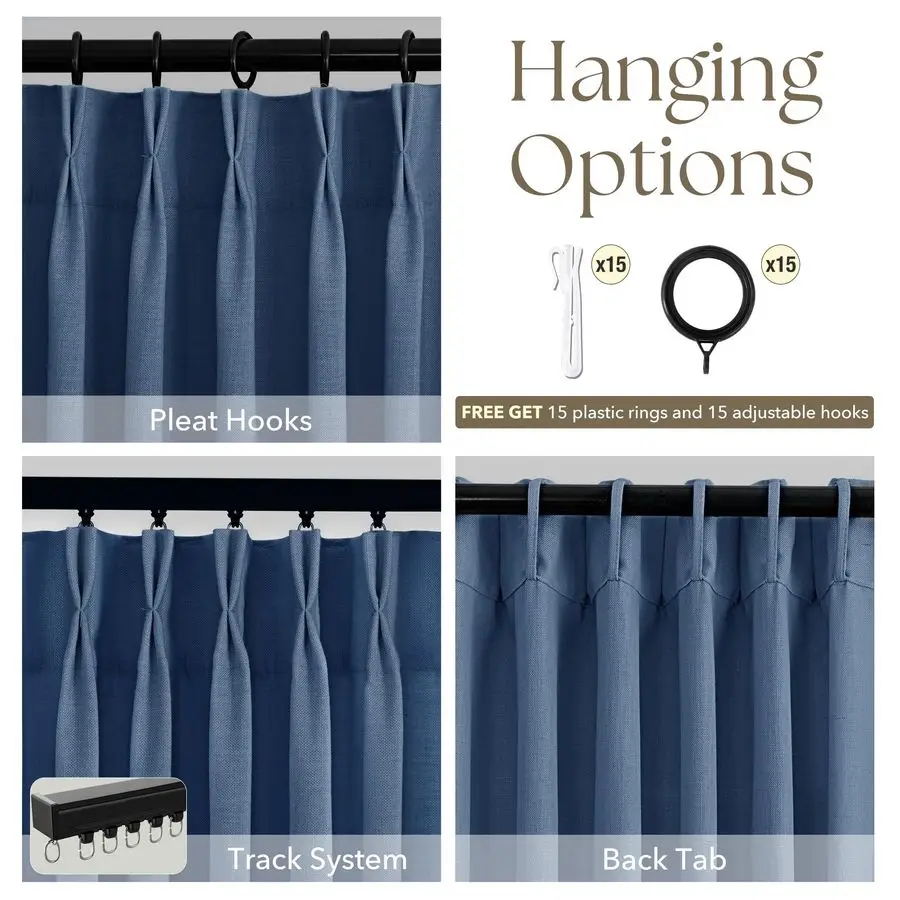 Rideaux en lin bleu marine à plis froncés, 84 pouces de long, pour salon, ensemble de 2 panneaux, semi-transparents, filtrant la lumière, rideaux de fenêtre bleu marine
