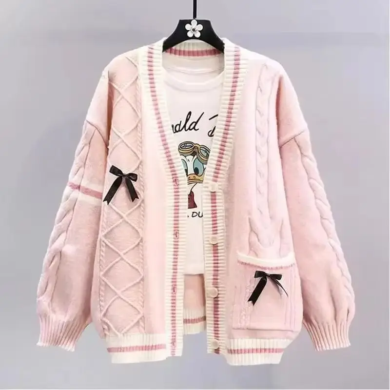 

Japanese Bow Sweater Jacket For Women's Autumn And Winter 2025 New Loose And Lazy Style Design Anti-aging Knitted Cardigan
