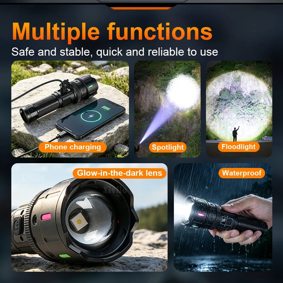 64000000000 Ultra Powerful Led Flashlight with Digital Display Long Range 3000M Tactical Torch Light Zoomable Outdoor Emergency